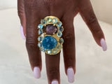ANASTASIA - ADJUSTABLE 22K GOLD BRASS COCKTAIL RING WITH AMETHYST, SUGAR AGATE & BLUE TOPAZ STONE