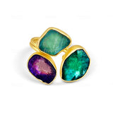 KIM - ADJUSTABLE 22K GOLD BRASS RING WITH RAW AMETHYST, AVENTURINE & APATITE STONE