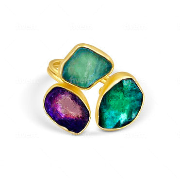 KIM - ADJUSTABLE 22K GOLD BRASS RING WITH RAW AMETHYST, AVENTURINE & APATITE STONE