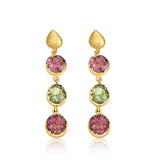 These eye-catching drop earrings will bring a burst of color and life into your jewelry collection. Each drop earring features jade stones in 22k gold brass detailing.  Measure 3 inches long Composition: 22k gold-plated brass, jade Handmade in Morocco Please note the possibility of natural inclusions in gemstones