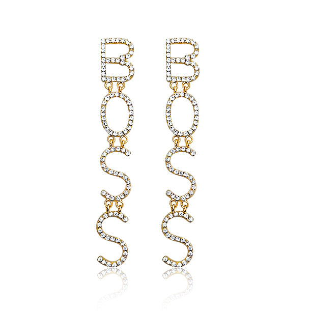 Emulate your inner boss with these Boss Drop Earrings which feature a drop silhouette, gold base, rhinestone detailing and a post back style closure. 
