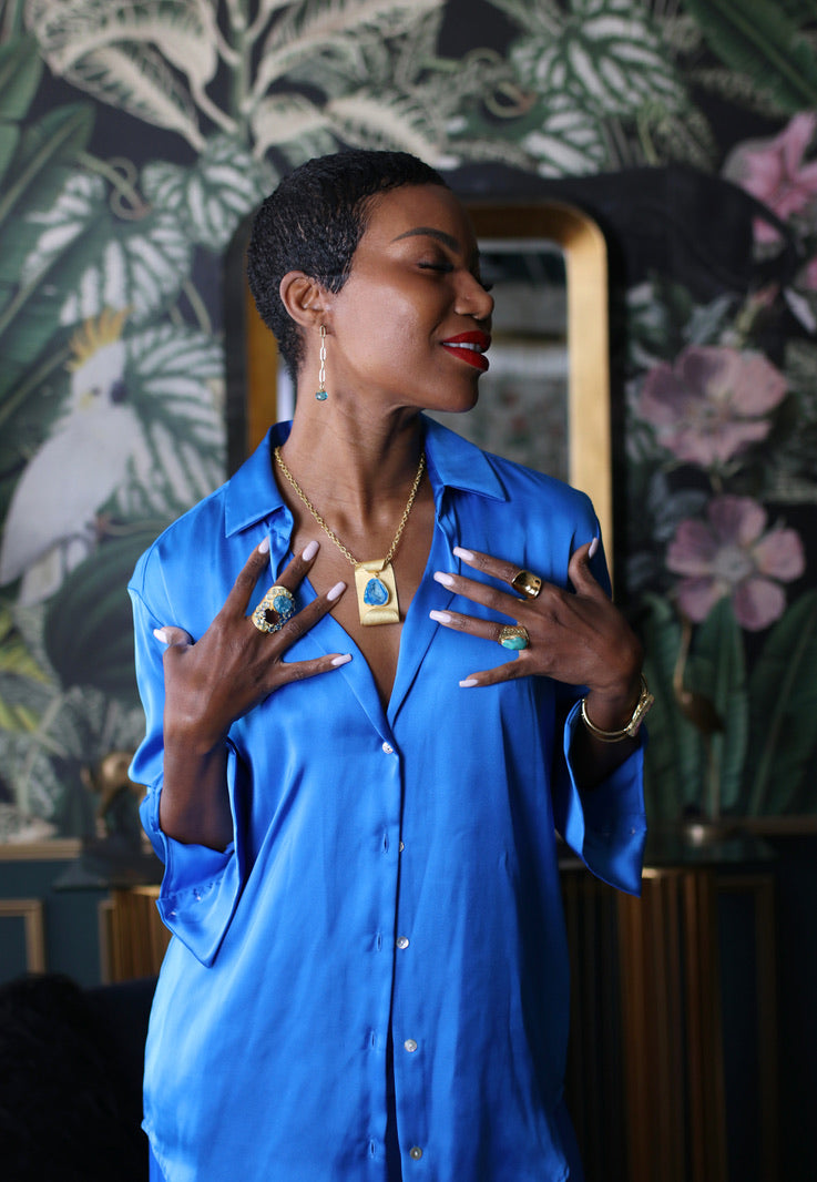 Beautiful 22K Gold Brass and precious blue agate stones pendant necklace exquisitely crafted by hand, designed with passion. 